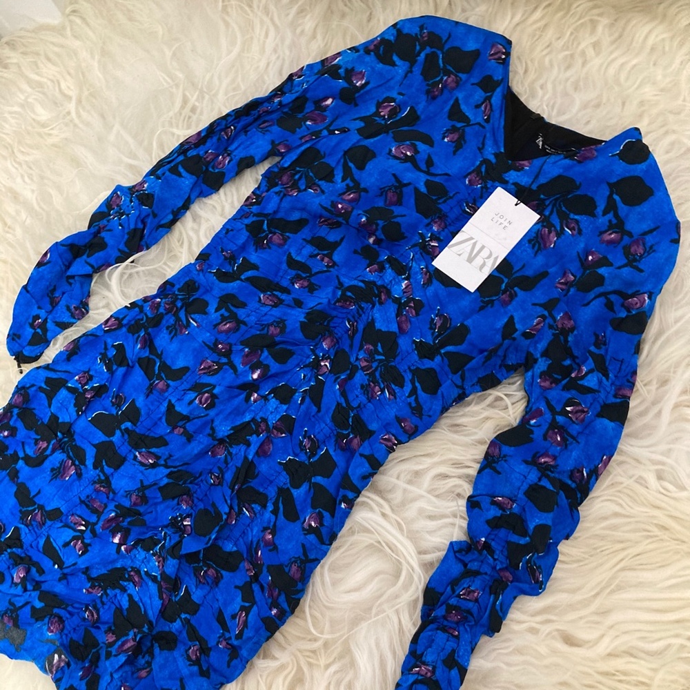 Zara Draped Blue Floral Ruched mini dress - Picture 6 of 9